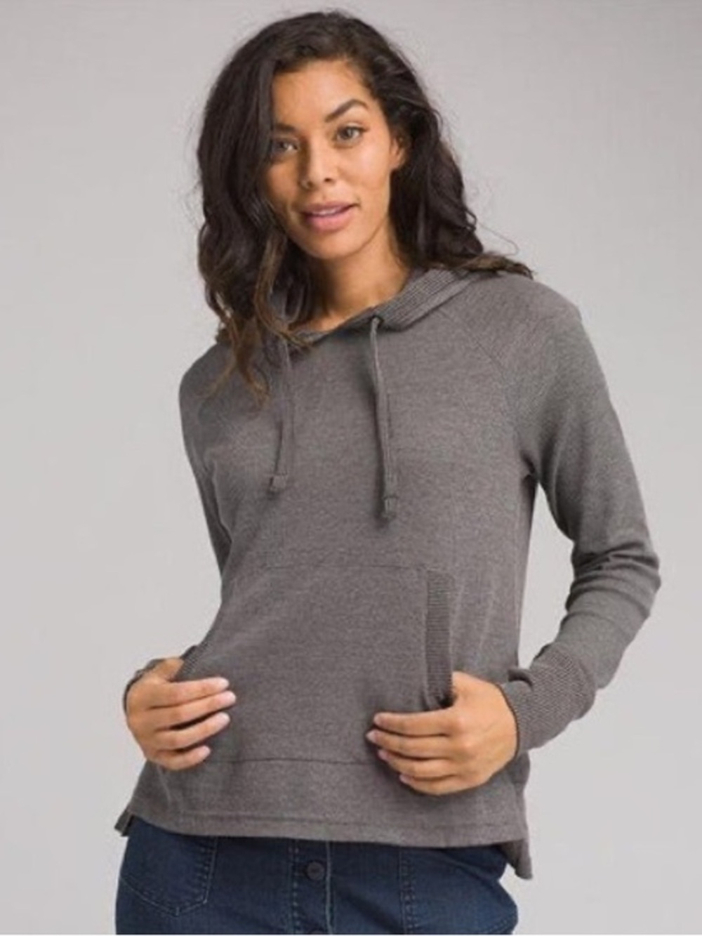 Prana Heathered Charcoal Grey Waffle Knit Hooded Pullover Sz Large